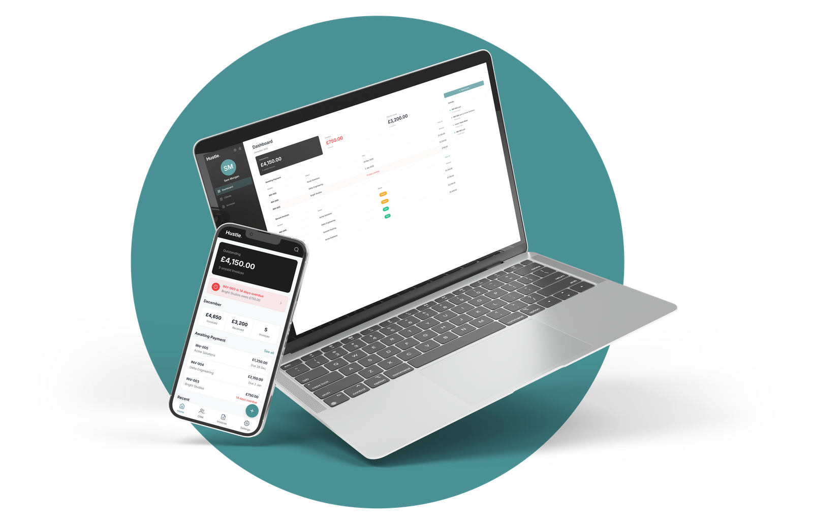Hustle dashboard showing invoice overview and payment tracking